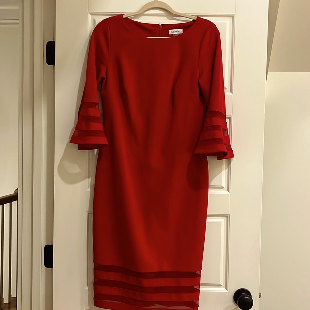 Red Bell Sleeved Dress with Sheer Bands